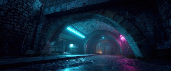Glowing arches line a dark, wet urban passage