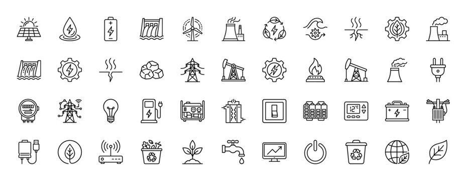 Energy and environment line icon set. Vector pictograms of wind turbine, solar panel, battery, power plant, oil pump, water dam, recycling, and light bulb, thin linear illustration.