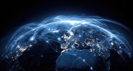 Earth globe view with radiant, interconnected light pathways above