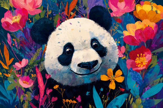 Contemporary art of happy panda over colorful flowers background, Illustration animal poster; Eclectic style