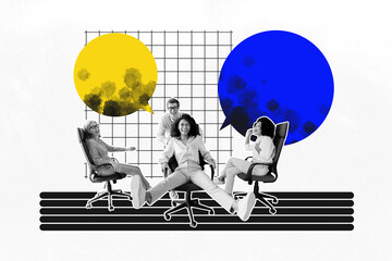 Creative full artwork poster collage of happy girls men sit office chair bubble communication speech dialogue teamwork cooperation