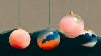 Colorful Christmas ornaments hanging against a textured grey background. These vibrant baubles add a festive touch, perfect for holiday-themed projects and seasonal designs. New Year 2026 decorations.