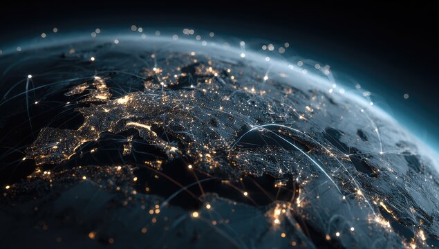 Earth with illuminated cities and network connections viewed from space