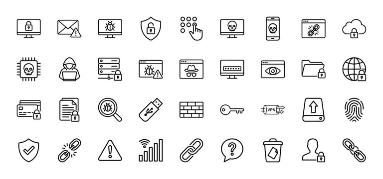 Cybersecurity line icon set. Vector pictograms of monitor lock, email alert, shield, hacker, server, cloud, password, fingerprint, firewall, VPN, USB drive, warning, thin linear illustration.
