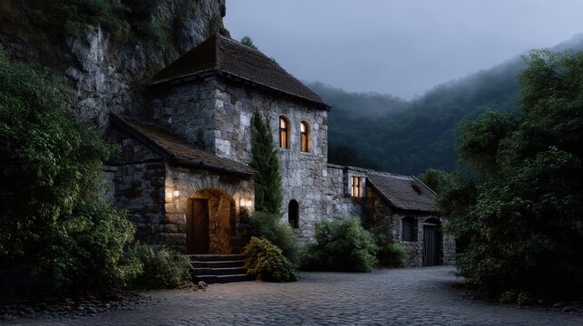 Exterior of an old stone house, cobblestone driveway and wall with ivy in the background, fog at night, wall lanterns, photorealistic, cinematic lighting, atmospheric perspective, cloudy.
