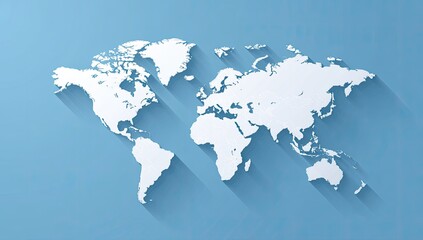 Naklejka premium White world map casting a long shadow on a blue background, flat design