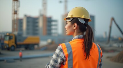 Obraz premium A female engineer in safety gear oversees a project at a construction site, showcasing leadership and teamwork. 