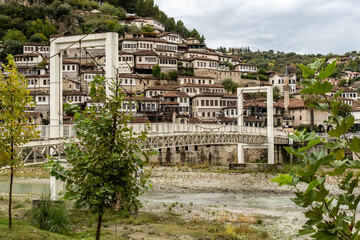 Altstadtpanorama mit Brücke und Herbstfärbung, Berat, Bezirk Berat, Albanien