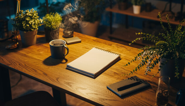 Cozy workspace with notebook and warm lighting, aesthetic desk background for planning and creative design.
