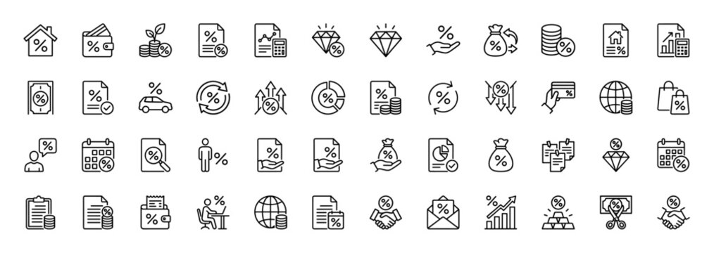Finance and business line icon set. Vector pictograms of wallet, documents, house, coins, money bag, charts, credit card, and car, thin linear illustration.