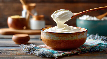Creamy yogurt served in a rustic bowl with a wooden spoon, background features a cozy kitchen setting and assorted ingredients