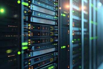 Naklejka premium Close up view of illuminated server racks with active status lights in a modern data center environment, idea for IT infrastructure presentations and advanced digital technology system designs