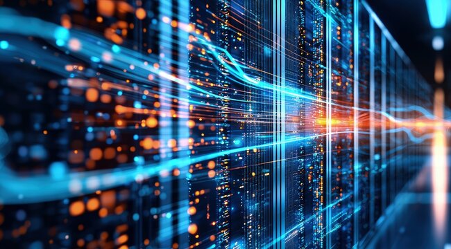 Dynamic flow of digital data streams moving across illuminated server racks in a modern data center corridor, idea for IT infrastructure presentations and advanced technology system concepts