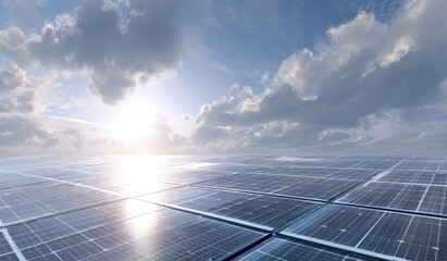 Solar panels reflecting sunlight under a vibrant blue sky with fluffy clouds