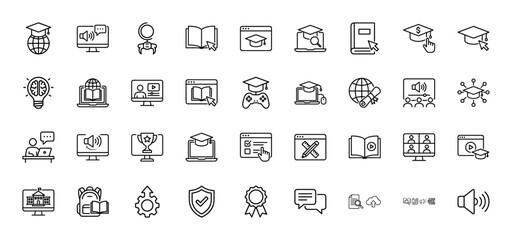 E-learning line icon set. Vector pictograms of graduation cap, digital learning, online video, student, diploma, study, and academic tools, thin linear illustration.