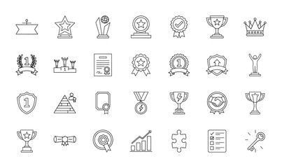 Awards and recognition line icon set. Vector pictograms of trophies, medals, certificates, badges, shields, crowns, podiums, targets, diplomas, and winners, thin linear illustration.