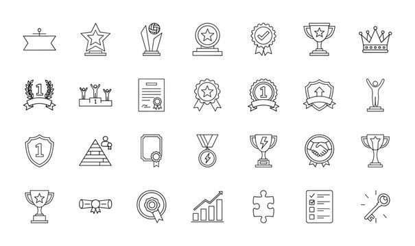 Awards and recognition line icon set. Vector pictograms of trophies, medals, certificates, badges, shields, crowns, podiums, targets, diplomas, and winners, thin linear illustration.
