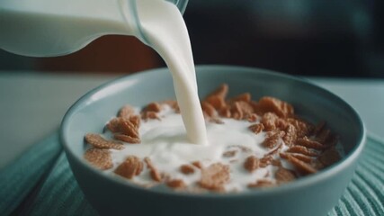 Pouring liquid over breakfast cereal flakes in a bowl - Powered by Adobe