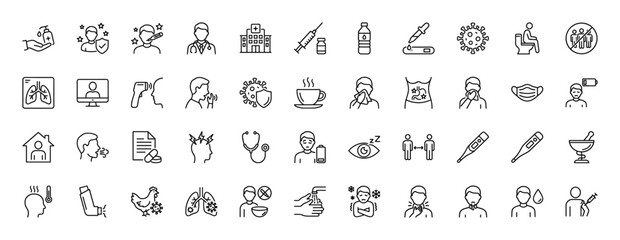 Medical and illness line icon set. Vector pictograms of symptoms, hospital, doctor, virus, prevention, medication, hygiene, and vaccination, thin linear illustration.