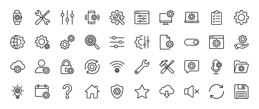 Settings and system administration line icon set. Vector pictograms of monitor, smartphone, wrench, controls, laptop, cloud, padlock, folder, and shield, thin linear illustration.