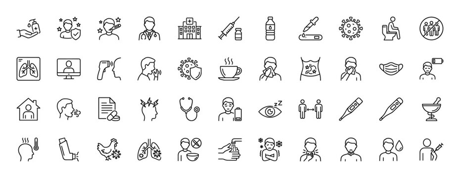 Medical and illness line icon set. Vector pictograms of symptoms, hospital, doctor, virus, prevention, medication, hygiene, and vaccination, thin linear illustration. - Powered by Adobe