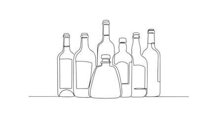 Modern minimalist continuous single line art drawing of a group of wine and liquor bottles, a sleek and elegant vector graphic a