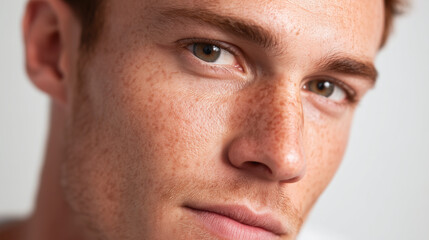 Obraz premium Close up portrait of man with uneven skin texture, rough skin, visible pores, freckles, and natural complexion, showing calm and confident expression