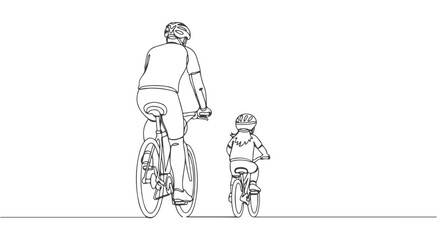 One continuous single line art drawing of a parent and child cycling together, illustrating family leisure and healthy lifestyle activities in a vector graphic style