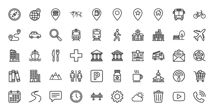 Navigation and city services line icon set. Vector pictograms of map pins, globe, car, airplane, train, hotel, restaurant, hospital, and shopping cart, thin linear illustration.