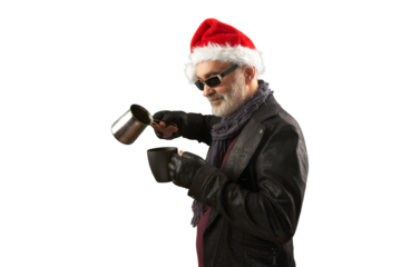 Portrait of a rocker Santa with a cezve and a black cup in his hands. Png.