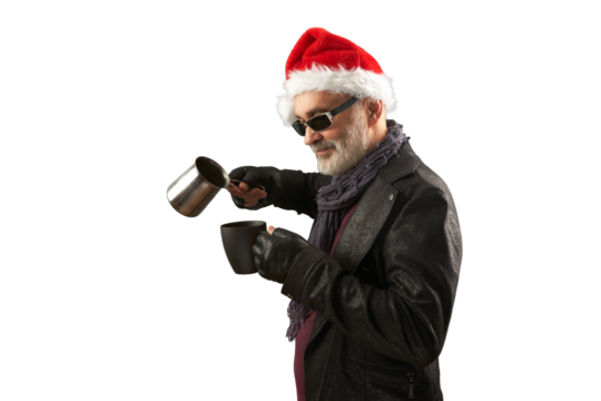 Portrait of a rocker Santa with a cezve and a black cup in his hands. Png.