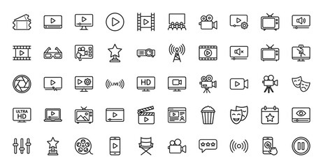 Cinema, video, and streaming media line icon set. Vector pictograms of audience, film strip, camera, play button, projector, 3D glasses, popcorn, and awards, thin linear illustration.