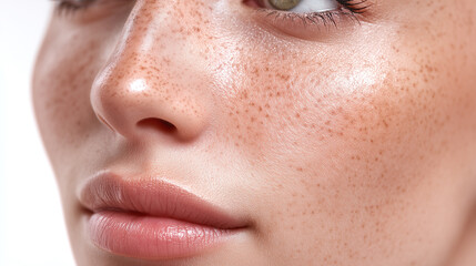 Fototapeta premium Glowing healthy skin with perfect pore close up of female face natural freckles smooth complexion soft lips clear texture radiant beauty youthful appearance