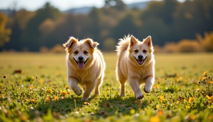 Two dogs are joyfully running across a grassy field with yellow leaves scattered around. The dogs are in mid stride, giving an impression of playful movement