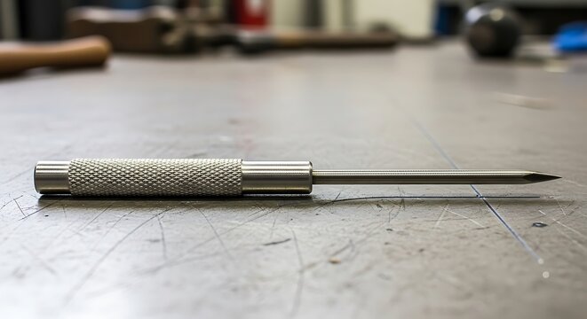 Precision Metal Scriber Tool Laying on Industrial Surface Close-Up Shot