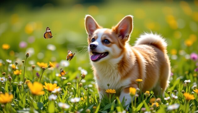 In a field of vibrant yellow flowers, a small dog with a brown and white coat is captured mid stride as it runs towards the viewer