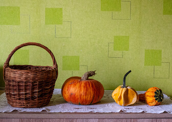still life with various shapes and sizes of pumpkins on a green background, season, leisure and...