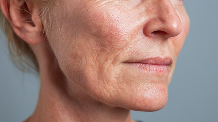 Obraz premium Close up of mature woman face showing jawline skin texture, fine lines, wrinkles, mild redness, and natural aging, with soft lighting and neutral background