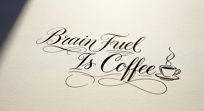 Elegant hand-drawn calligraphy of the quote 'Brain Fuel Is Coffee' with a steaming cup, on a textured paper background. An artistic typographic design for coffee lovers