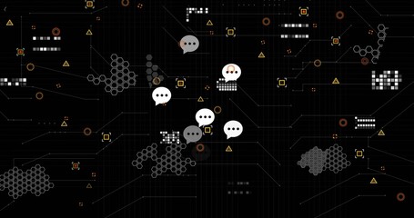 Showing center chat bubble cluster linking with hex nodes, pixels and lines on dark grid screen