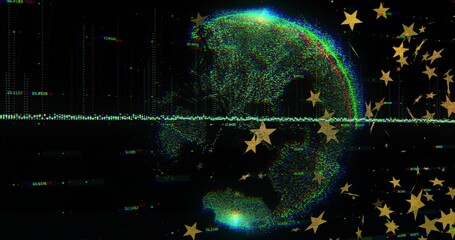 Fototapeta premium Rotating glowing RGB pixel hemisphere drifting in data-space, with dotted line and gold stars