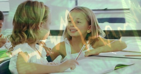 Smiling student at desk in classroom, holding pencil, in white top, with notebook and graph overlay