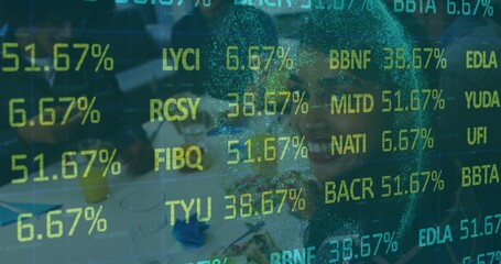 Discussing five in biz casual at meeting table reading docs and checking laptop, with stock overlay
