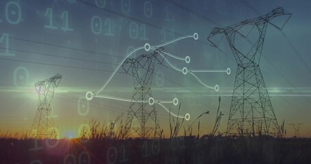 Obraz premium Silhouetting lattice steel towers and power lines over tall grass at sunset, showing data network