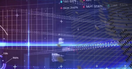 Glowing cyan-blue binary beam streaming across digital HUD, showing percentages, gridlines, globe