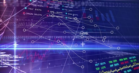 Displaying white curved trend lines with nodes moving across trading dashboard with stock tickers