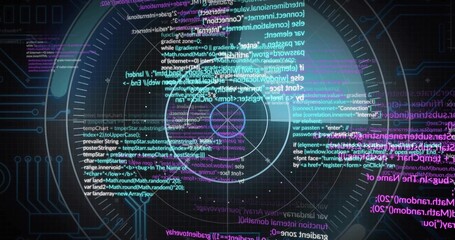 Rendering central circular HUD with rings and crosshair at console, overlaying cyan magenta code