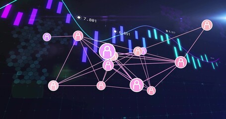 Displaying clustered network graph pulsing on dark dashboard, with pink nodes thin edges teal wave © vectorfusionart