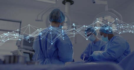 Operating surgical team performing procedure in OR, wearing surgical attire, digital overlay