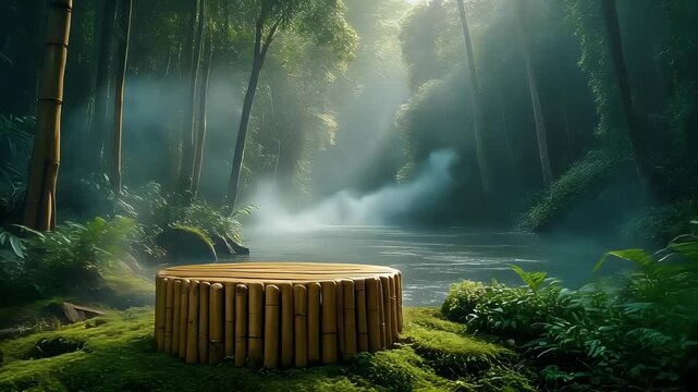Wooden stand for advertising with a serene misty forest backdrop